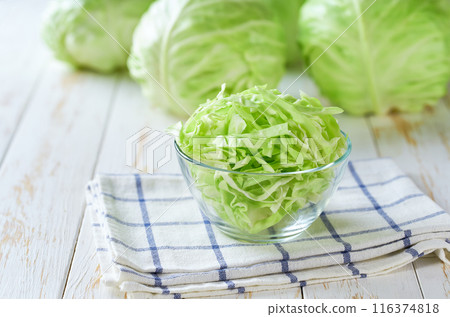 sliced fresh green cabbage in a clear glass bowl on a white wooden table. sliced fresh green cabbage in a clear glass bowl on a white wooden table. 116374818