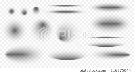 Set of circle and oval shadow effects. Different realistic soft grey shapes. Round and elliptic package box shades isolated on transparent background. Vector realistic illustration 116375044
