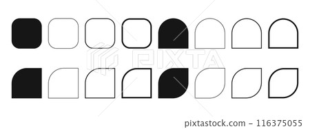 Set of square, arch, half arc and leaf shapes and frames. Templates for greeting cards, business brochures, event or party banners in archway form isolated on white background. Vector illustration Set of square, arch, half arc and leaf shapes and frames. Templates for greeting cards, business brochures, event or party banners in archway form isolated on white background. Vector illustration 116375055