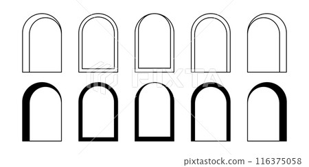 Set of different arch frames. Geometric arc shapes in trendy bohemian style. Window, door, portal or gate silhouettes in archway form isolated on white background. Vector graphic illustration 116375058