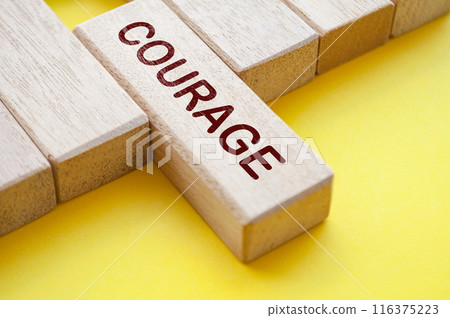 Courage text written on wooden blocks with yellow cover background. Courage concept. Courage text written on wooden blocks with yellow cover background. Courage concept. 116375223