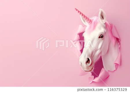 White unicorn peeking through a hole in a pink paper background. 116375329