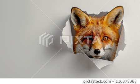 Cute fox peeks through the hole in the paper wall. Cute fox peeks through the hole in the paper wall. 116375365
