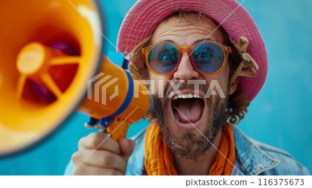 Handsome young man using megaphone against grafity wall on background 116375673