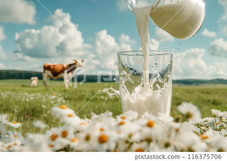 Milk is poured into a glass against the backdrop of a sunny field with a cow. Farm homemade product. 116375706