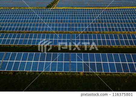 Birds eye view of rectangular field with solar 116375801