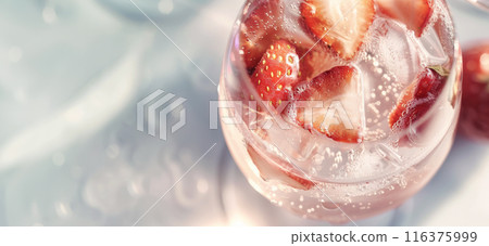 low-ABV spritz, made with sparkling water, fresh strawberries, and a hint of rose wine. low-ABV spritz, made with sparkling water, fresh strawberries, and a hint of rose wine. 116375999