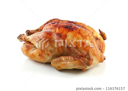 Whole roasted chicken isolated on white background. 116376157