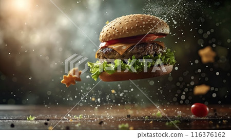 Delicious burger with flying ingredients. Creative photography of food on a dark background with bokeh 116376162
