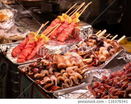 Nishiki Market, ingredients for skewered meat, Kyoto Prefecture Nishiki Market, ingredients for skewered meat, Kyoto Prefecture 116376341