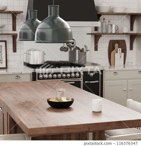 Design a modern, cozy kitchen with rustic touch, wooden island, and industrial lighting for style 116376347