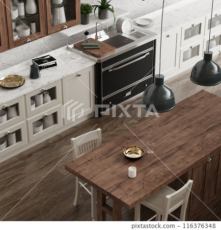 Modern farmhouse kitchen with marble countertops and wood accents for a chic design 116376348