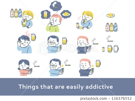 Illustration set of things and people that are easily addicted Illustration set of things and people that are easily addicted 116376552