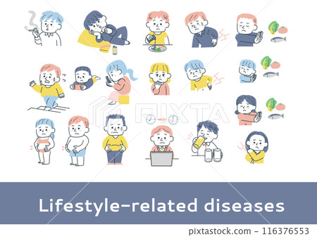 Illustrations of people engaging in behaviors that lead to lifestyle-related diseases 116376553