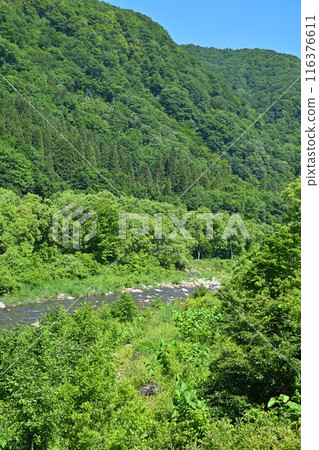 Kiyotsu River, near Mimata-juku, mountain and river scenery Kiyotsu River, near Mimata-juku, mountain and river scenery 116376611