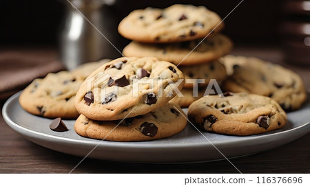 Delicious Homemade Chocolate Chip Cookies: Perfect Plate Presentation in Your Kitchen 116376696