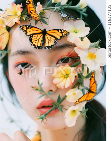 The coming of spring, fluttering butterflies and an Asian woman 116377135