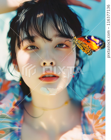 The coming of spring, fluttering butterflies and an Asian woman 116377136