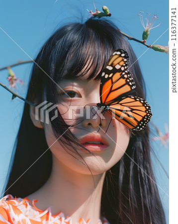 The coming of spring, fluttering butterflies and an Asian woman 116377141