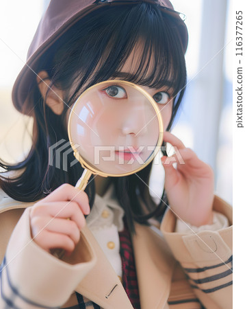 Asian woman holding a magnifying glass 116377265
