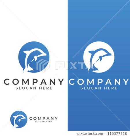 Dolphin logo. Dolphin jumping on the waves of sea or beach. With vector illustration editing. 116377528