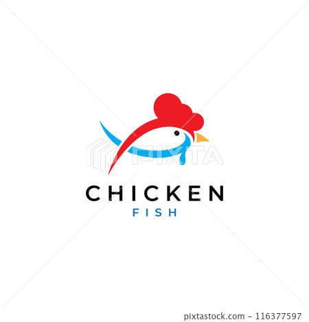 Chicken logo, rooster head logo with fish combination. Logo for company business, restaurant or restaurant or food stall. Using penditan simple vector illustration. 116377597