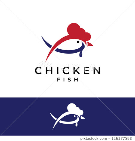 Chicken logo, rooster head logo with fish combination. Logo for company business, restaurant or restaurant or food stall. Using penditan simple vector illustration. 116377598