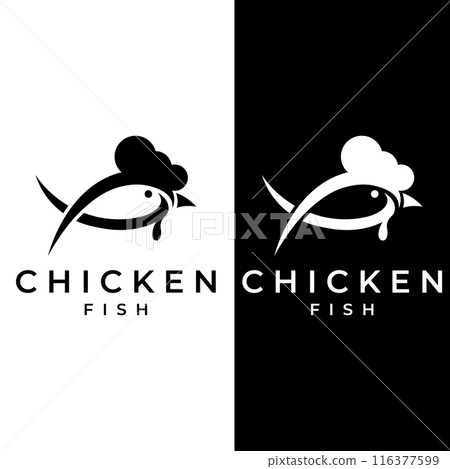 Chicken logo, rooster head logo with fish combination. Logo for company business, restaurant or restaurant or food stall. Using penditan simple vector illustration. 116377599