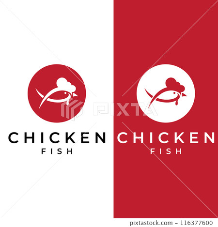 Chicken logo, rooster head logo with fish combination. Logo for company business, restaurant or restaurant or food stall. Using penditan simple vector illustration. 116377600