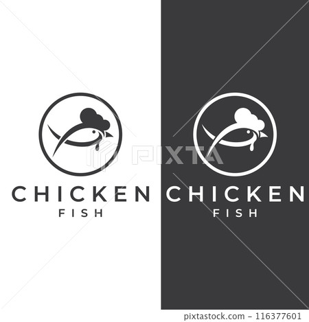 Chicken logo, rooster head logo with fish combination. Logo for company business, restaurant or restaurant or food stall. Using penditan simple vector illustration. 116377601