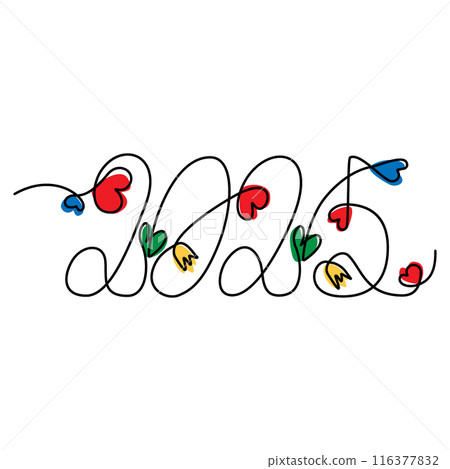 2025 hand lettering concept one continuous line with decorative hearts, flowers and colorful shapes 2025 hand lettering concept one continuous line with decorative hearts, flowers and colorful shapes 116377832
