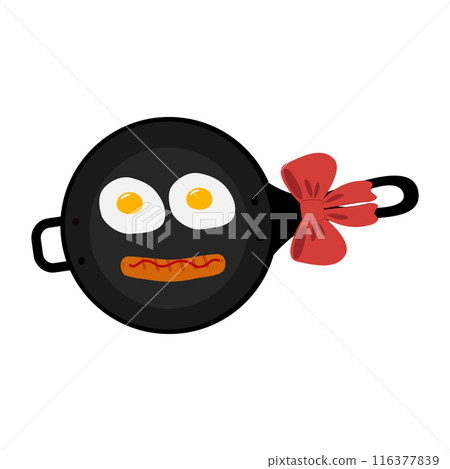 Scrambled eggs and sausage in the shape of a smiling emoticon in frying pan with handle and red bow Scrambled eggs and sausage in the shape of a smiling emoticon in frying pan with handle and red bow 116377839