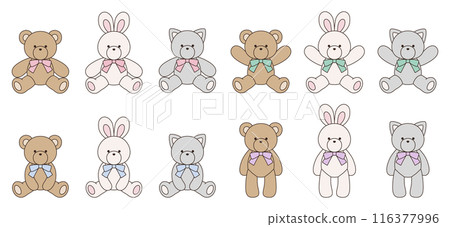 Vector illustration set of cute bear, rabbit and cat stuffed animals with ribbons Icon Animal Vector illustration set of cute bear, rabbit and cat stuffed animals with ribbons Icon Animal 116377996