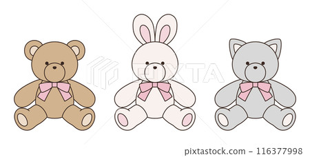 Vector illustration set of cute bear, rabbit and cat stuffed animals with ribbons Icon Animal 116377998