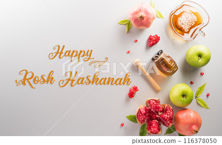 Rosh hashanah (jewish New Year holiday), Concept of traditional or religion symbols on white background. 116378050