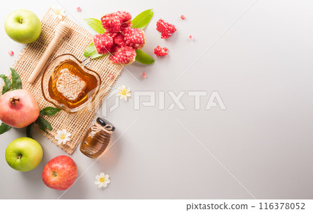 Rosh hashanah (jewish New Year holiday), Concept of traditional or religion symbols on pastel background. Rosh hashanah (jewish New Year holiday), Concept of traditional or religion symbols on pastel background. 116378052