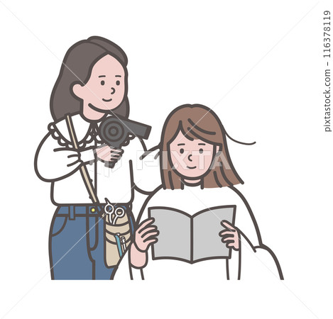 Illustration of a woman reading a magazine at a hair salon while a hairdresser dries her hair Illustration of a woman reading a magazine at a hair salon while a hairdresser dries her hair 116378119