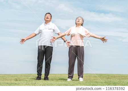 老年夫婦在公園裡做無線電運動、伸展運動、深呼吸、靈活運動 116378392