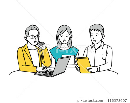 Illustration of business people and freelancers exchanging information and discussing 116378607