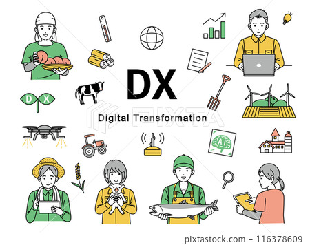 Illustration set of primary industries promoting and working on digital transformation Illustration set of primary industries promoting and working on digital transformation 116378609