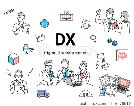 Illustration set of medical professionals promoting and working on digital transformation 116378610