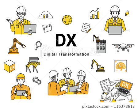 Illustration set of construction and manufacturing industries promoting and working on digital transformation Illustration set of construction and manufacturing industries promoting and working on digital transformation 116378612