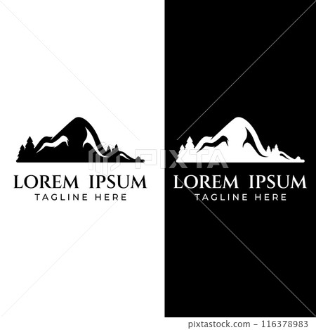 Mountain landscape view, minimalistic design. Logo for photographers, climbers and adventurers. Editing using vector illustration. Mountain landscape view, minimalistic design. Logo for photographers, climbers and adventurers. Editing using vector illustration. 116378983