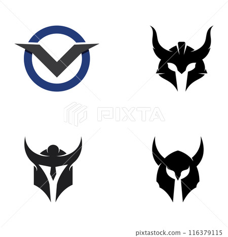 Viking warrior helmet logo with horned helmet and viking with the letter V. The logo can be used for boats, sports and others. 116379115