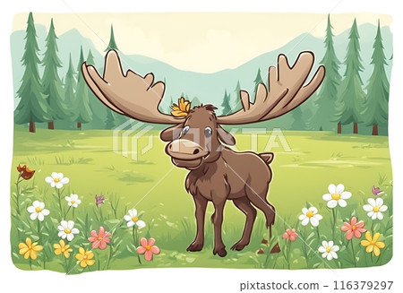 moose is foraging for food in the forest among the trees.Cartoon Abstract art.AI Generated moose is foraging for food in the forest among the trees.Cartoon Abstract art.AI Generated 116379297