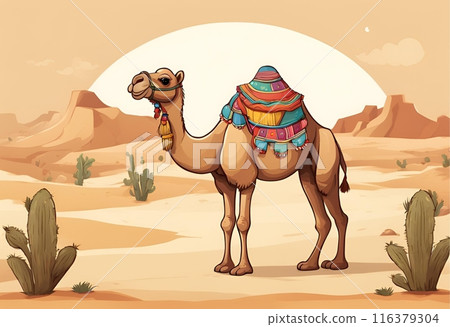 camel in the desert is used for travel and transportation.Cartoon Abstract art.AI Generated 116379304