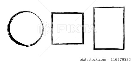 Grunge circle, square, rectangle frame set. Round and rectangular paint brush border collection. Black chalk or ink uneven stroke elements for design, banner, poster, flyer, brochure, cover. Vector 116379523