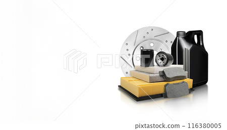 Auto parts and car maintenance products isolated on white background with copy space 116380005