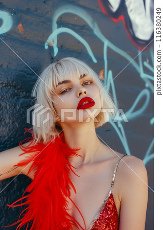 A woman in a red dress with a red feather scarf is posing for a photo 116380249