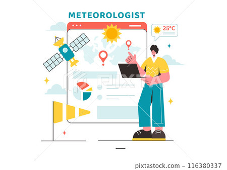 Meteorologist Vector Illustration with Weather Forecast and Atmospheric Precipitation Map in a Flat Style Cartoon Background Design Meteorologist Vector Illustration with Weather Forecast and Atmospheric Precipitation Map in a Flat Style Cartoon Background Design 116380337